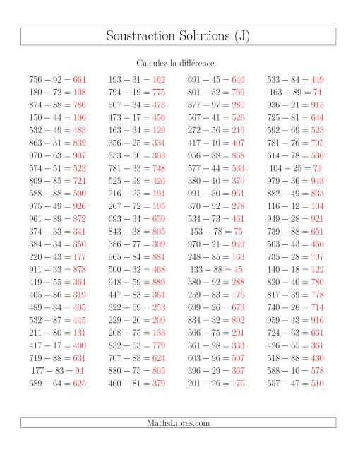 Soustraction Multi-Chiffres -- 3-chiffres moins 2-chiffres -- Hotizontale (J) page 2