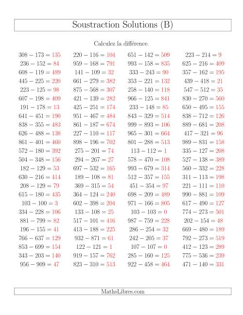 Soustraction Multi-Chiffres -- 3-chiffres moins 3-chiffres -- Hotizontale (B) page 2