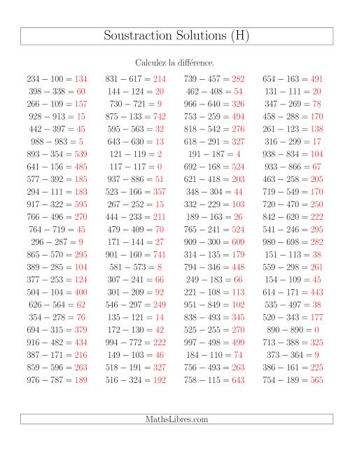 Soustraction Multi-Chiffres -- 3-chiffres moins 3-chiffres -- Hotizontale (H) page 2