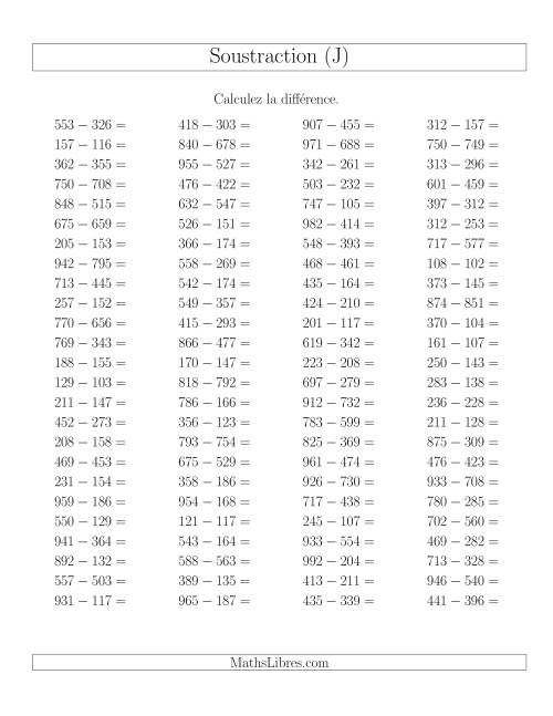 Soustraction Multi-Chiffres -- 3-chiffres moins 3-chiffres -- Hotizontale (J)
