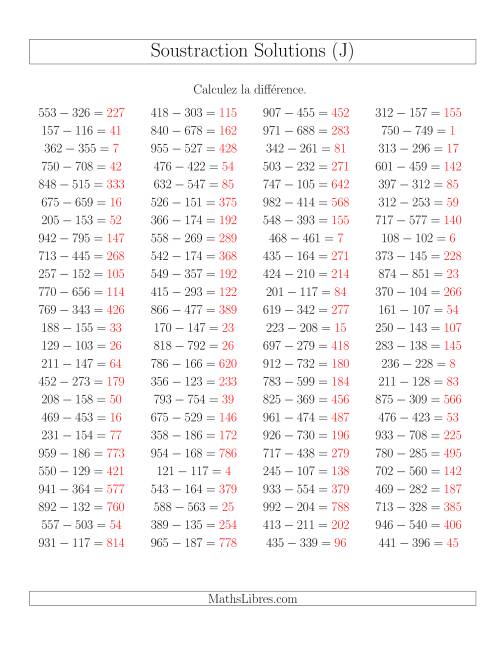 Soustraction Multi-Chiffres -- 3-chiffres moins 3-chiffres -- Hotizontale (J) page 2