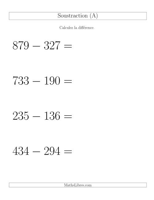 Soustraction Multi-Chiffres -- 3-chiffres moins 3-chiffres -- Hotizontale (A)