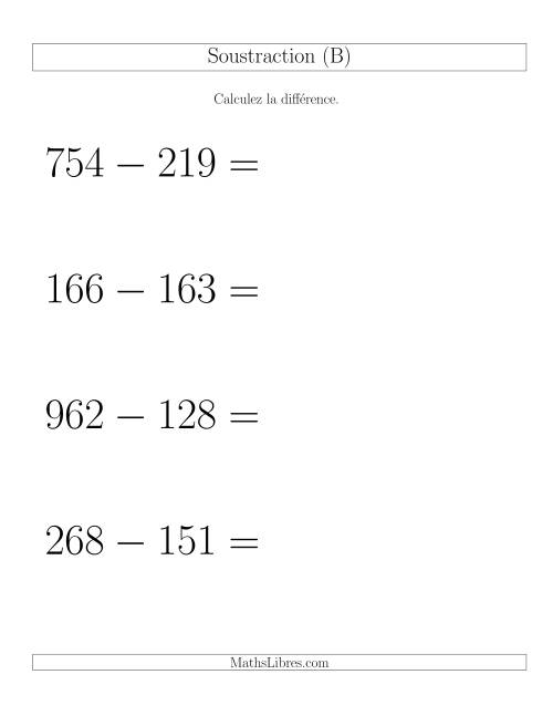 Soustraction Multi-Chiffres -- 3-chiffres moins 3-chiffres -- Hotizontale (B)