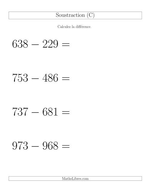 Soustraction Multi-Chiffres -- 3-chiffres moins 3-chiffres -- Hotizontale (C)
