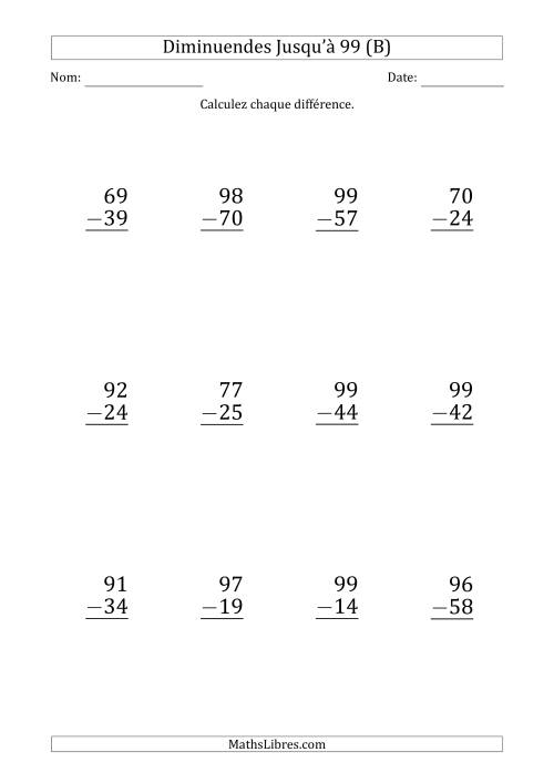 Gros Caractère - Soustraction d'un Nombre à 2 Chiffres avec des Diminuendes Jusqu'à 99 (12 Questions) (B)