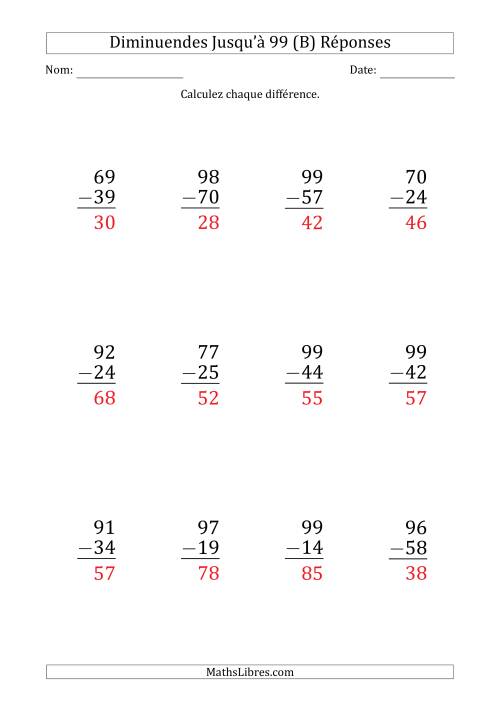 Gros Caractère - Soustraction d'un Nombre à 2 Chiffres avec des Diminuendes Jusqu'à 99 (12 Questions) (B) page 2