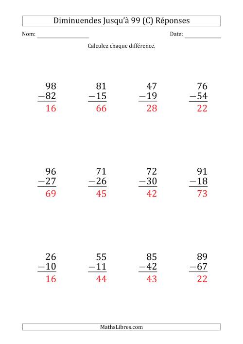 Gros Caractère - Soustraction d'un Nombre à 2 Chiffres avec des Diminuendes Jusqu'à 99 (12 Questions) (C) page 2