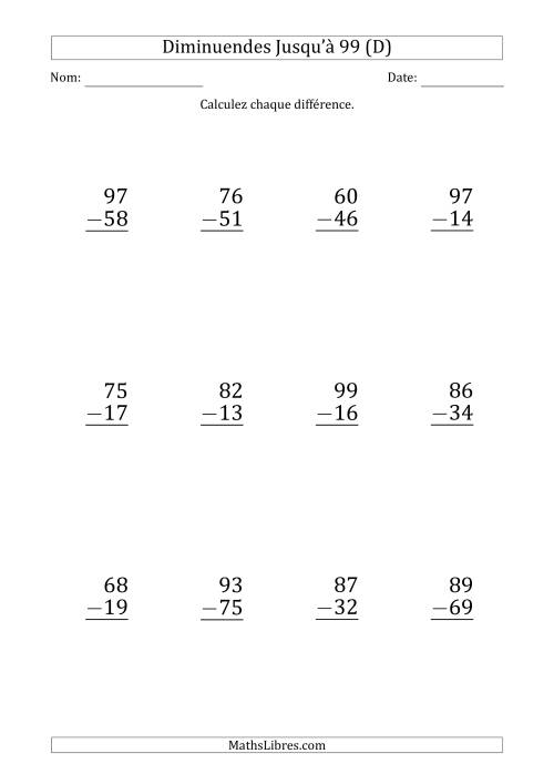 Gros Caractère - Soustraction d'un Nombre à 2 Chiffres avec des Diminuendes Jusqu'à 99 (12 Questions) (D)