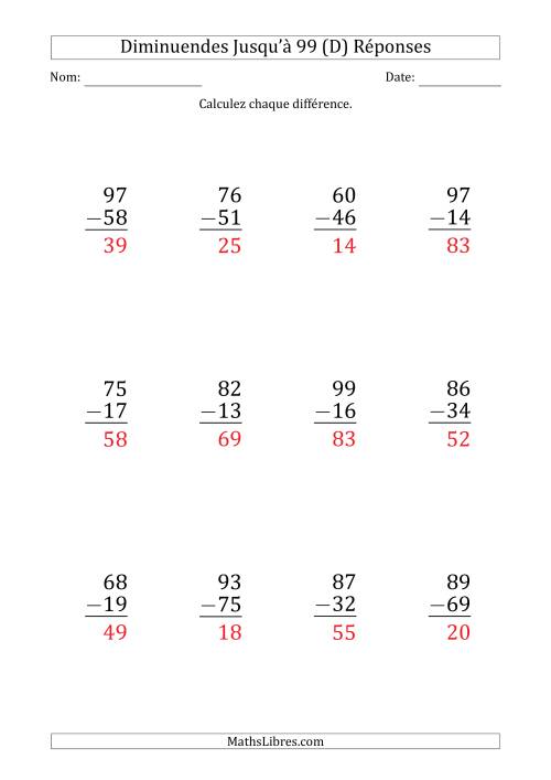 Gros Caractère - Soustraction d'un Nombre à 2 Chiffres avec des Diminuendes Jusqu'à 99 (12 Questions) (D) page 2
