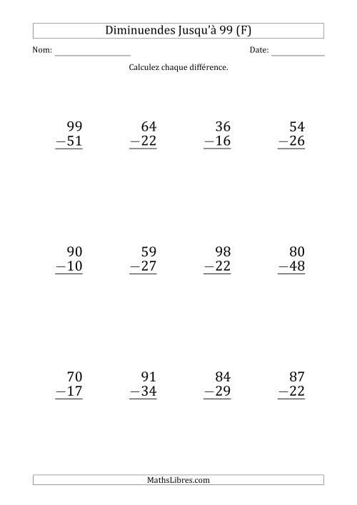 Gros Caractère - Soustraction d'un Nombre à 2 Chiffres avec des Diminuendes Jusqu'à 99 (12 Questions) (F)