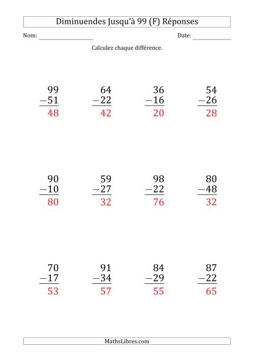Gros Caractère - Soustraction d'un Nombre à 2 Chiffres avec des Diminuendes Jusqu'à 99 (12 Questions) (F) page 2