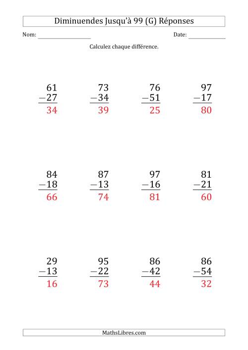 Gros Caractère - Soustraction d'un Nombre à 2 Chiffres avec des Diminuendes Jusqu'à 99 (12 Questions) (G) page 2