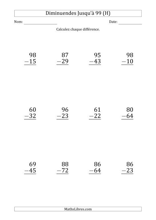 Gros Caractère - Soustraction d'un Nombre à 2 Chiffres avec des Diminuendes Jusqu'à 99 (12 Questions) (H)