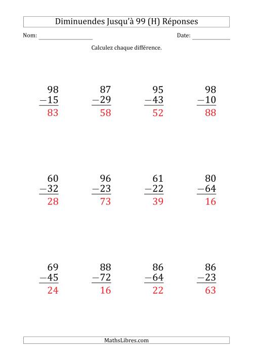 Gros Caractère - Soustraction d'un Nombre à 2 Chiffres avec des Diminuendes Jusqu'à 99 (12 Questions) (H) page 2