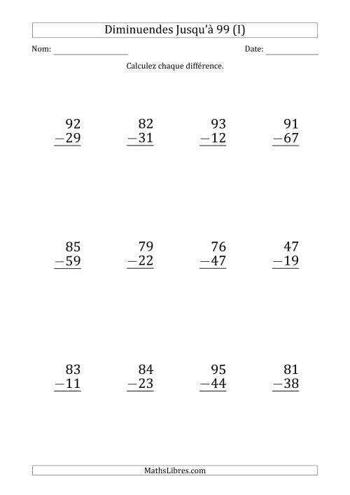 Gros Caractère - Soustraction d'un Nombre à 2 Chiffres avec des Diminuendes Jusqu'à 99 (12 Questions) (I)