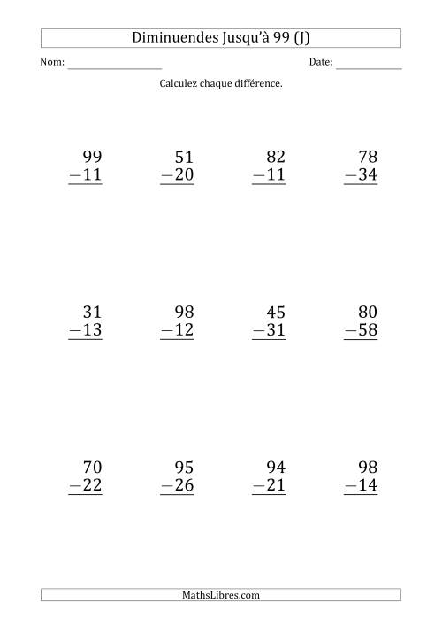 Gros Caractère - Soustraction d'un Nombre à 2 Chiffres avec des Diminuendes Jusqu'à 99 (12 Questions) (J)