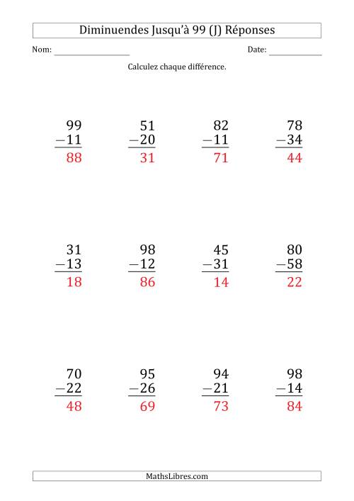 Gros Caractère - Soustraction d'un Nombre à 2 Chiffres avec des Diminuendes Jusqu'à 99 (12 Questions) (J) page 2