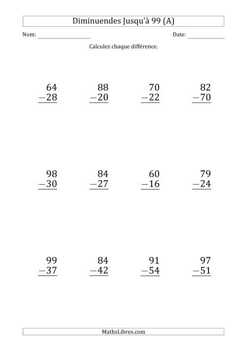 Gros Caractère - Soustraction d'un Nombre à 2 Chiffres avec des Diminuendes Jusqu'à 99 (12 Questions) (Tout)