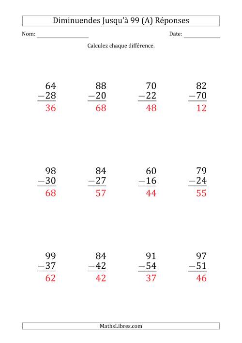 Gros Caractère - Soustraction d'un Nombre à 2 Chiffres avec des Diminuendes Jusqu'à 99 (12 Questions) (Tout) page 2