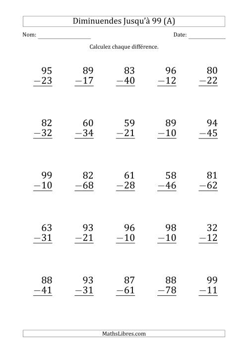 Gros Caractère - Soustraction d'un Nombre à 2 Chiffres avec des Diminuendes Jusqu'à 99 (25 Questions) (A)