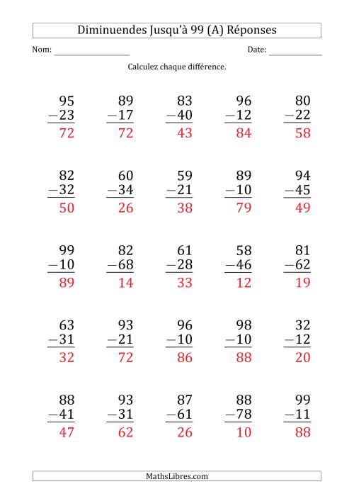Gros Caractère - Soustraction d'un Nombre à 2 Chiffres avec des Diminuendes Jusqu'à 99 (25 Questions) (A) page 2