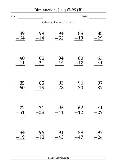 Gros Caractère - Soustraction d'un Nombre à 2 Chiffres avec des Diminuendes Jusqu'à 99 (25 Questions) (B)