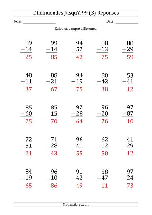 Gros Caractère - Soustraction d'un Nombre à 2 Chiffres avec des Diminuendes Jusqu'à 99 (25 Questions) (B) page 2