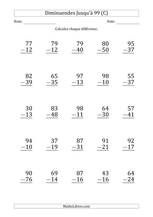 Gros Caractère - Soustraction d'un Nombre à 2 Chiffres avec des Diminuendes Jusqu'à 99 (25 Questions) (C)
