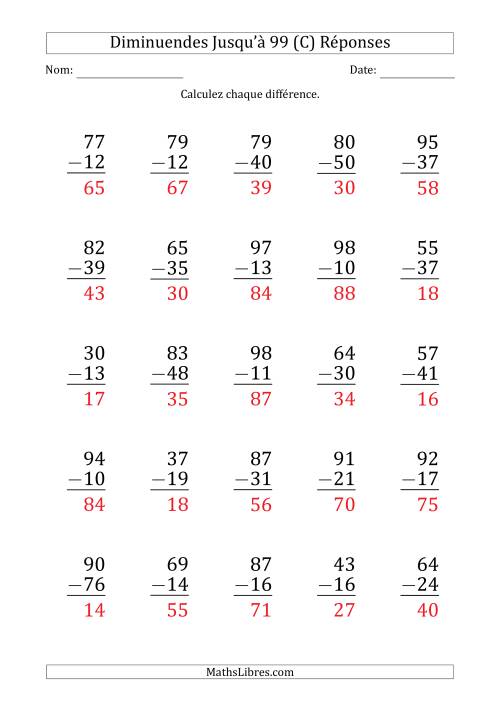 Gros Caractère - Soustraction d'un Nombre à 2 Chiffres avec des Diminuendes Jusqu'à 99 (25 Questions) (C) page 2