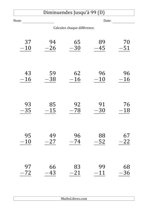 Gros Caractère - Soustraction d'un Nombre à 2 Chiffres avec des Diminuendes Jusqu'à 99 (25 Questions) (D)