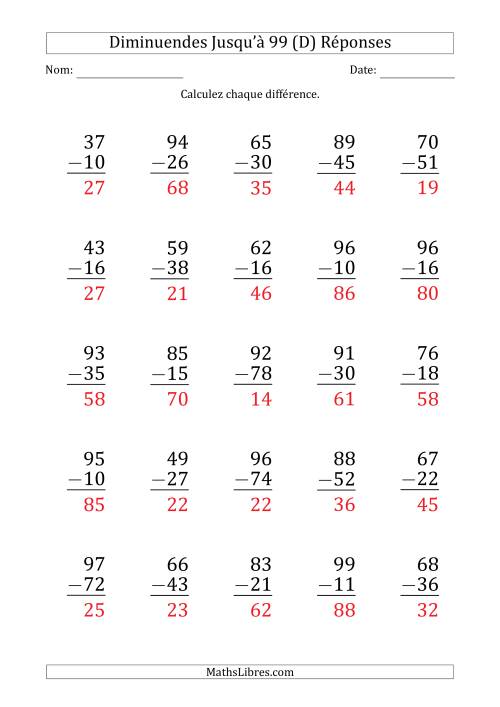 Gros Caractère - Soustraction d'un Nombre à 2 Chiffres avec des Diminuendes Jusqu'à 99 (25 Questions) (D) page 2