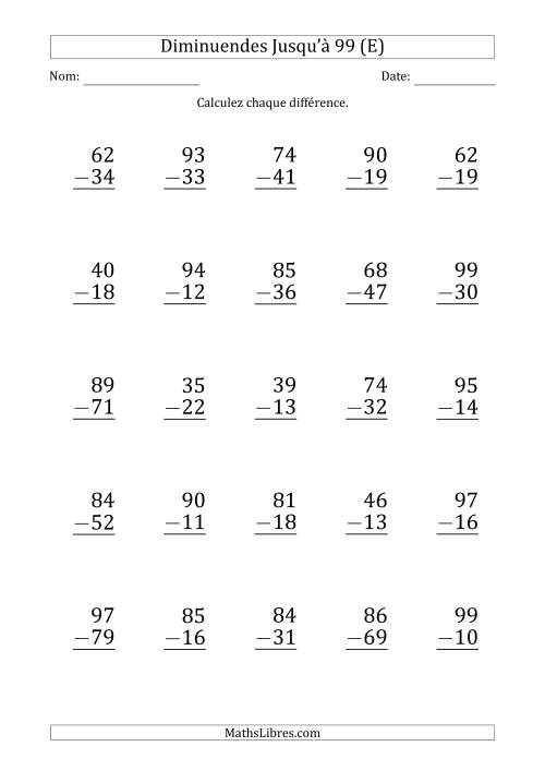 Gros Caractère - Soustraction d'un Nombre à 2 Chiffres avec des Diminuendes Jusqu'à 99 (25 Questions) (E)