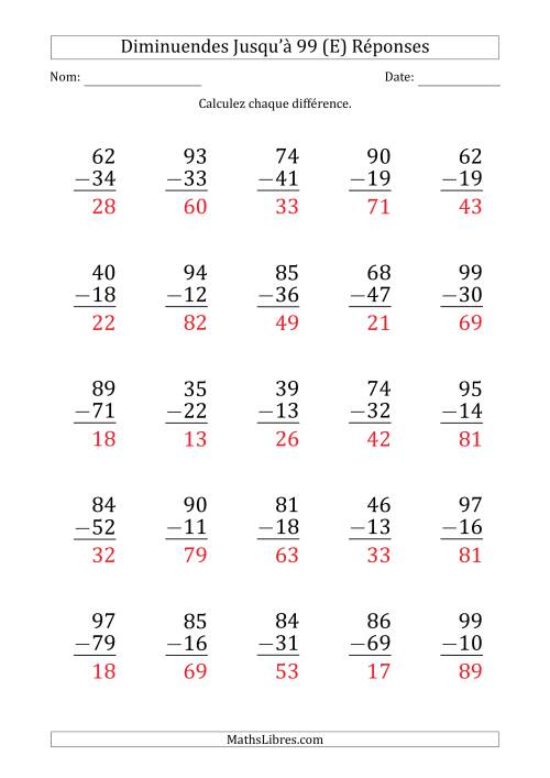 Gros Caractère - Soustraction d'un Nombre à 2 Chiffres avec des Diminuendes Jusqu'à 99 (25 Questions) (E) page 2