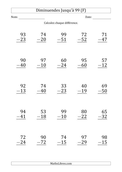 Gros Caractère - Soustraction d'un Nombre à 2 Chiffres avec des Diminuendes Jusqu'à 99 (25 Questions) (F)