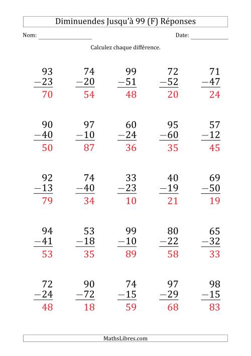 Gros Caractère - Soustraction d'un Nombre à 2 Chiffres avec des Diminuendes Jusqu'à 99 (25 Questions) (F) page 2