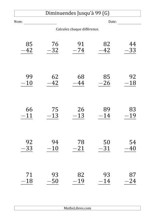 Gros Caractère - Soustraction d'un Nombre à 2 Chiffres avec des Diminuendes Jusqu'à 99 (25 Questions) (G)