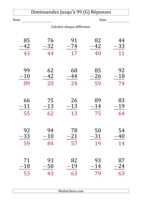 Gros Caractère - Soustraction d'un Nombre à 2 Chiffres avec des Diminuendes Jusqu'à 99 (25 Questions) (G) page 2