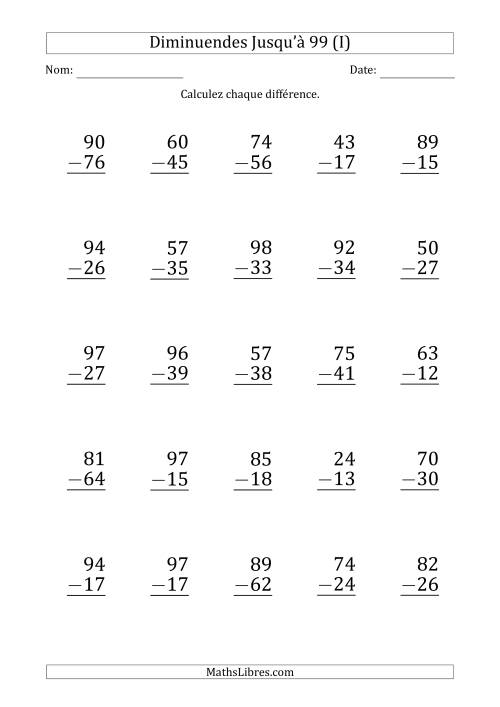 Gros Caractère - Soustraction d'un Nombre à 2 Chiffres avec des Diminuendes Jusqu'à 99 (25 Questions) (I)