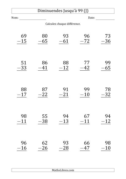 Gros Caractère - Soustraction d'un Nombre à 2 Chiffres avec des Diminuendes Jusqu'à 99 (25 Questions) (J)