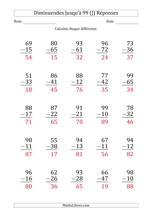 Gros Caractère - Soustraction d'un Nombre à 2 Chiffres avec des Diminuendes Jusqu'à 99 (25 Questions) (J) page 2