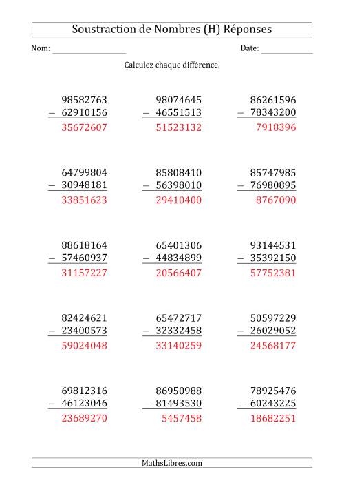 Soustraction d'un Nombre à 8 Chiffres par un Nombre à 8 Chiffres (H) page 2