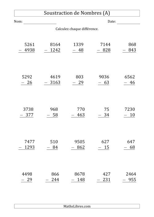 Soustraction des Nombres à 2, 3 et 4 Chiffres (A)