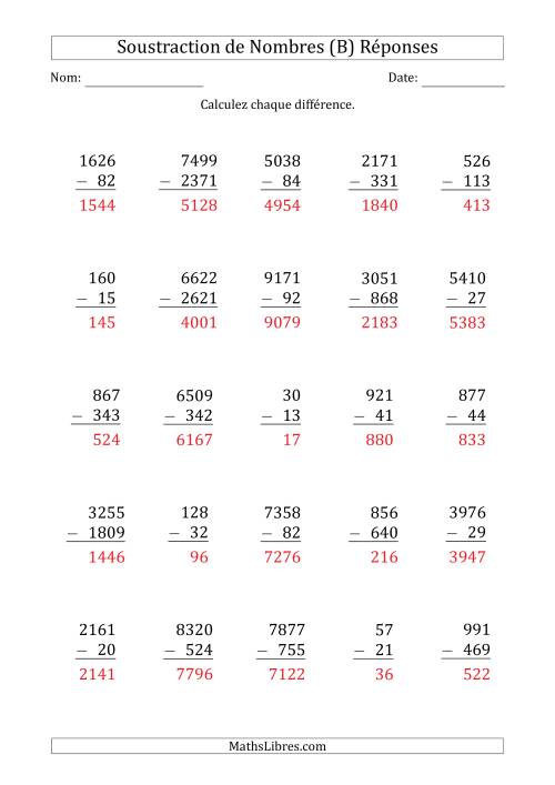 Soustraction des Nombres à 2, 3 et 4 Chiffres (B) page 2