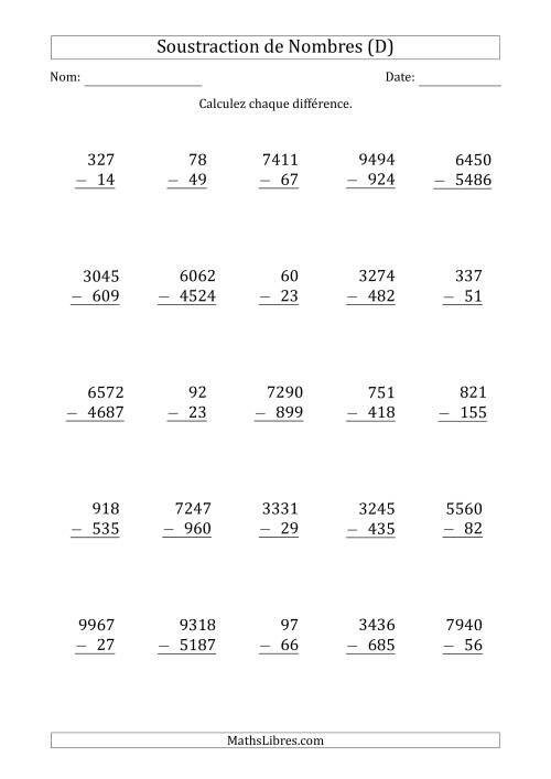 Soustraction des Nombres à 2, 3 et 4 Chiffres (D)
