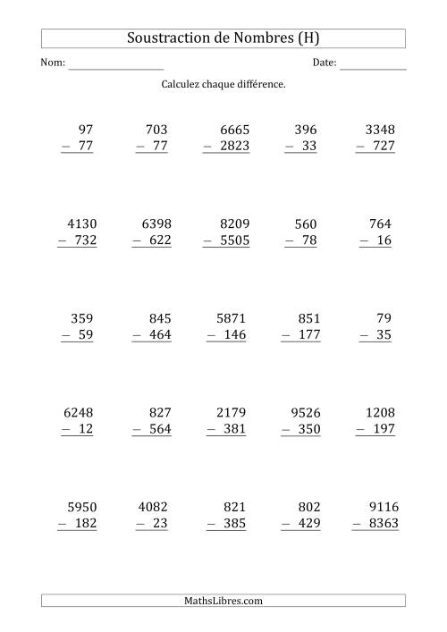 Soustraction des Nombres à 2, 3 et 4 Chiffres (H)