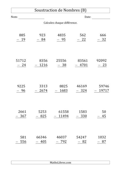 Soustraction des Nombres à 2, 3, 4 et 5 Chiffres (B)