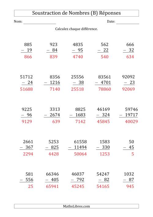Soustraction des Nombres à 2, 3, 4 et 5 Chiffres (B) page 2