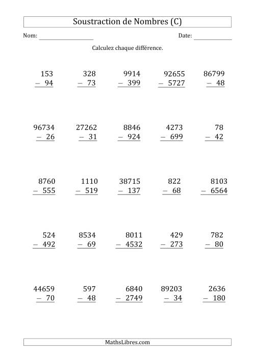 Soustraction des Nombres à 2, 3, 4 et 5 Chiffres (C)