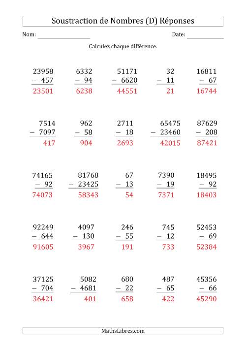 Soustraction des Nombres à 2, 3, 4 et 5 Chiffres (D) page 2