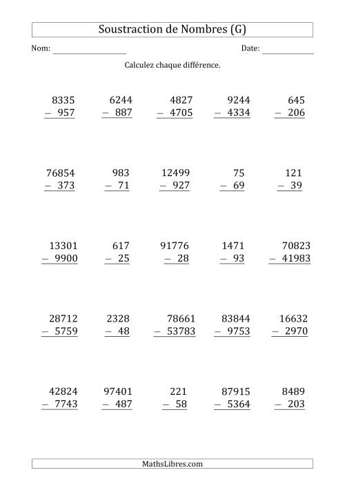 Soustraction des Nombres à 2, 3, 4 et 5 Chiffres (G)